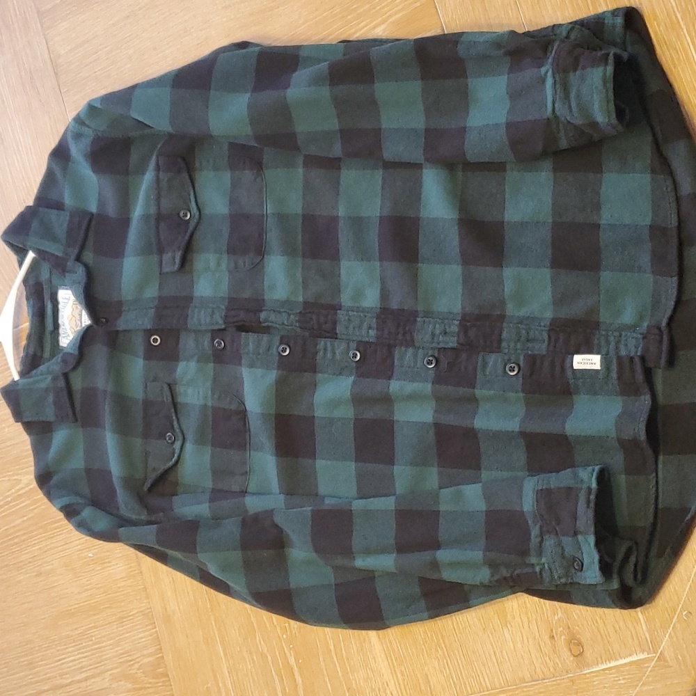 🦅 American Eagle - Men's Green & Black Flannel - Long Sleeve - Button Down -XLT